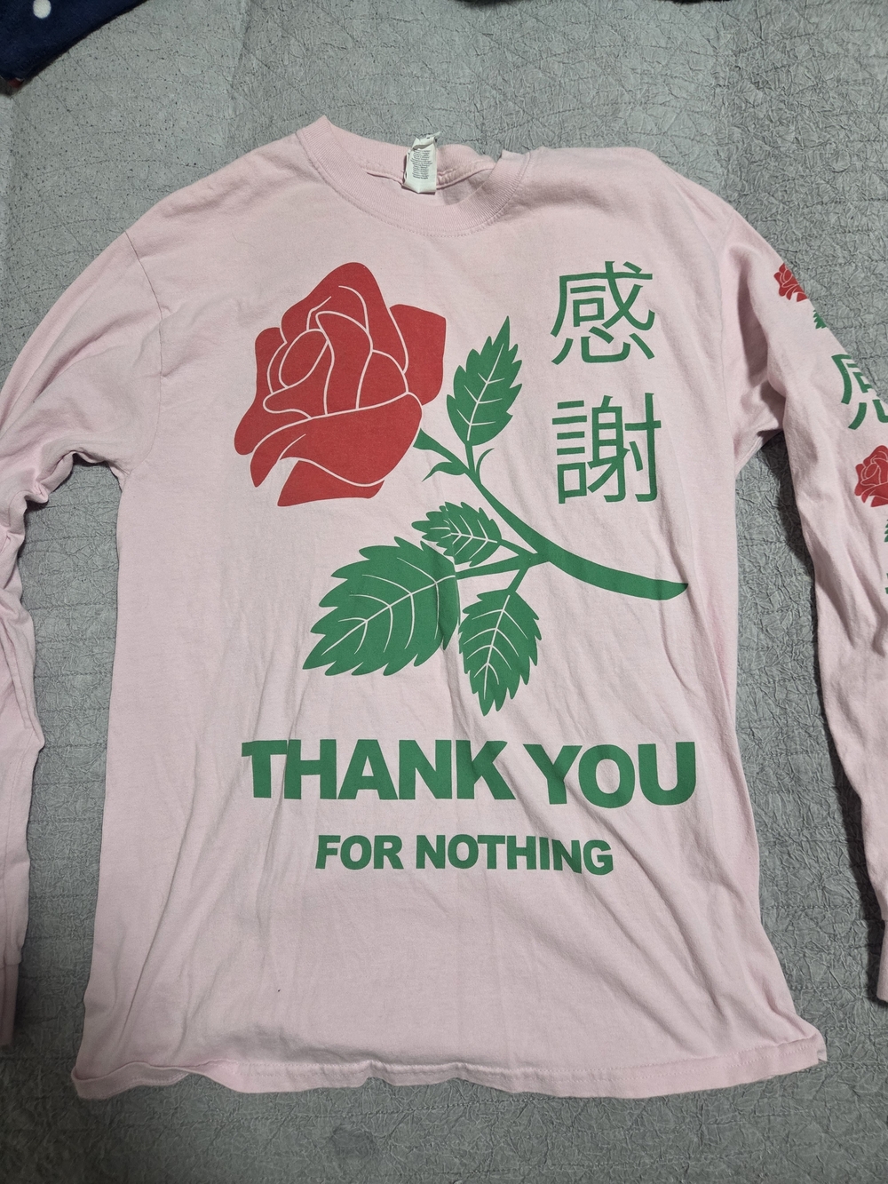 medium men.Pink Long Sleeve Tee with Red Rose Graphic and Green Text